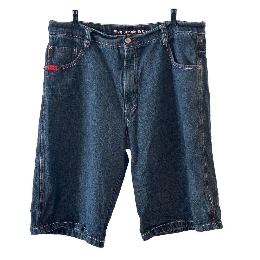 5ive Jungle Black Shorts Men Denim Baggy Hip‎ Hop Y2K Red Chain Stitching Sz 40